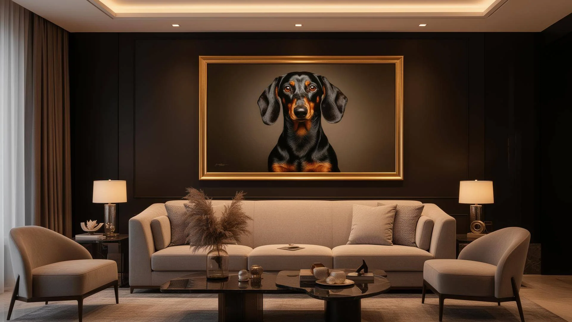 A warm living room with a framed memorial pet portrait displayed lovingly on the wall