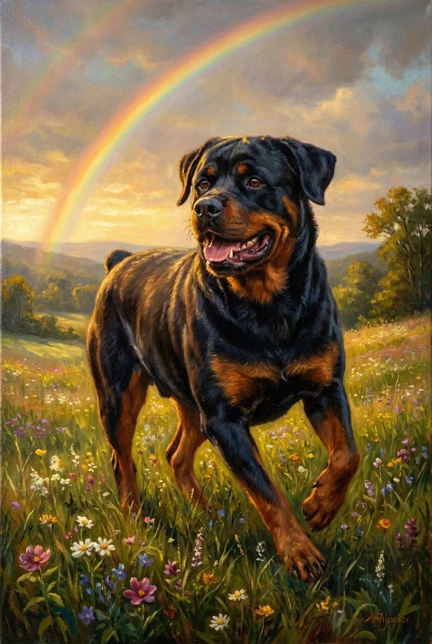 Dog portrait in Hudson River School oil painting style with rainbow meadow background