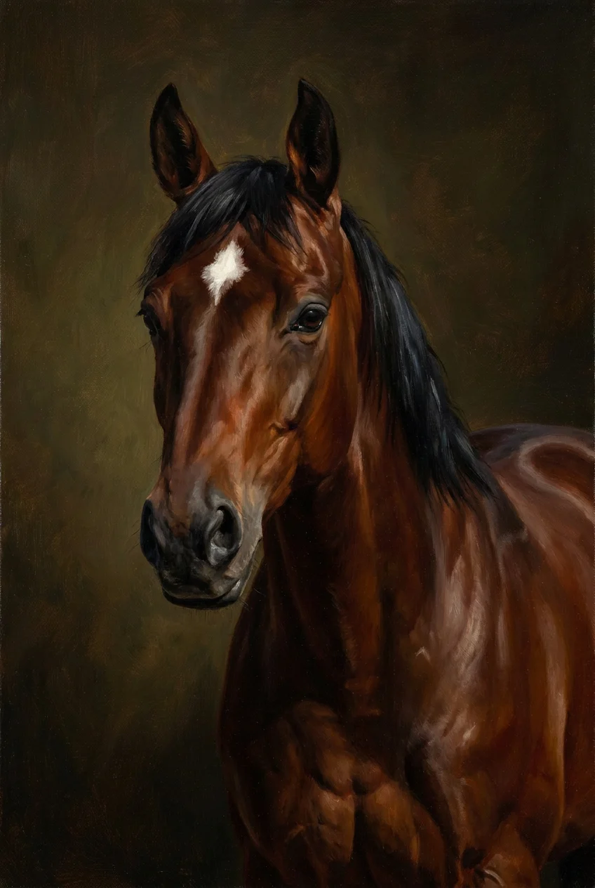 A dog painted in warm golden-hour light