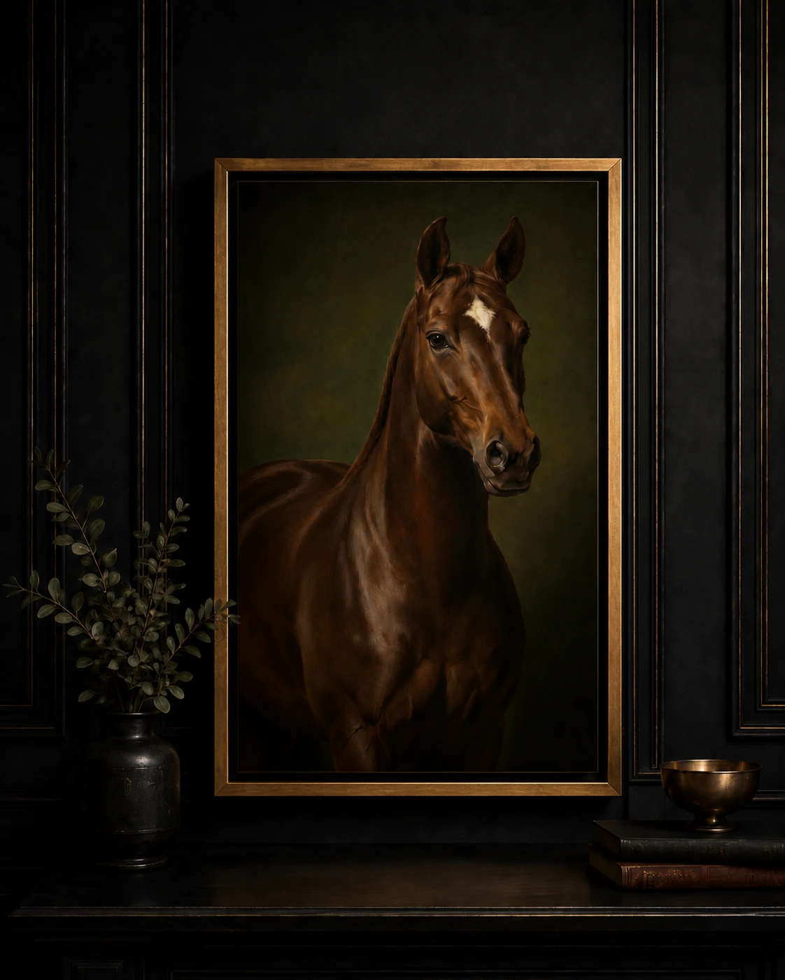 Framed custom dog portrait in a dark luxury interior